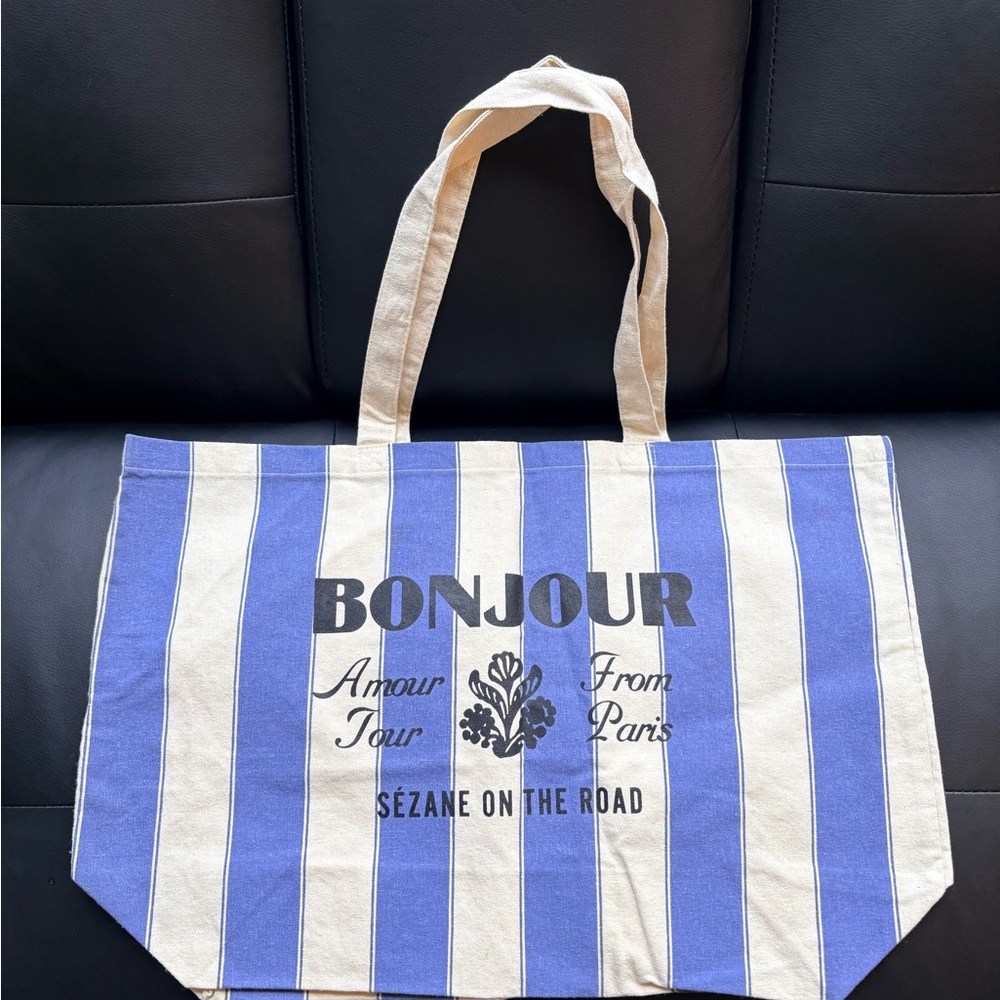 Sezane Bonjour Blue and Cream Striped Tote Bag